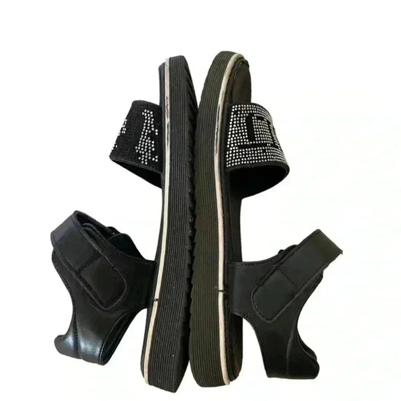 Black Leather Embellished Open Toe Adjustable Strap Closure Big SZ 35 (3.5 US) - Picture 5 of 10